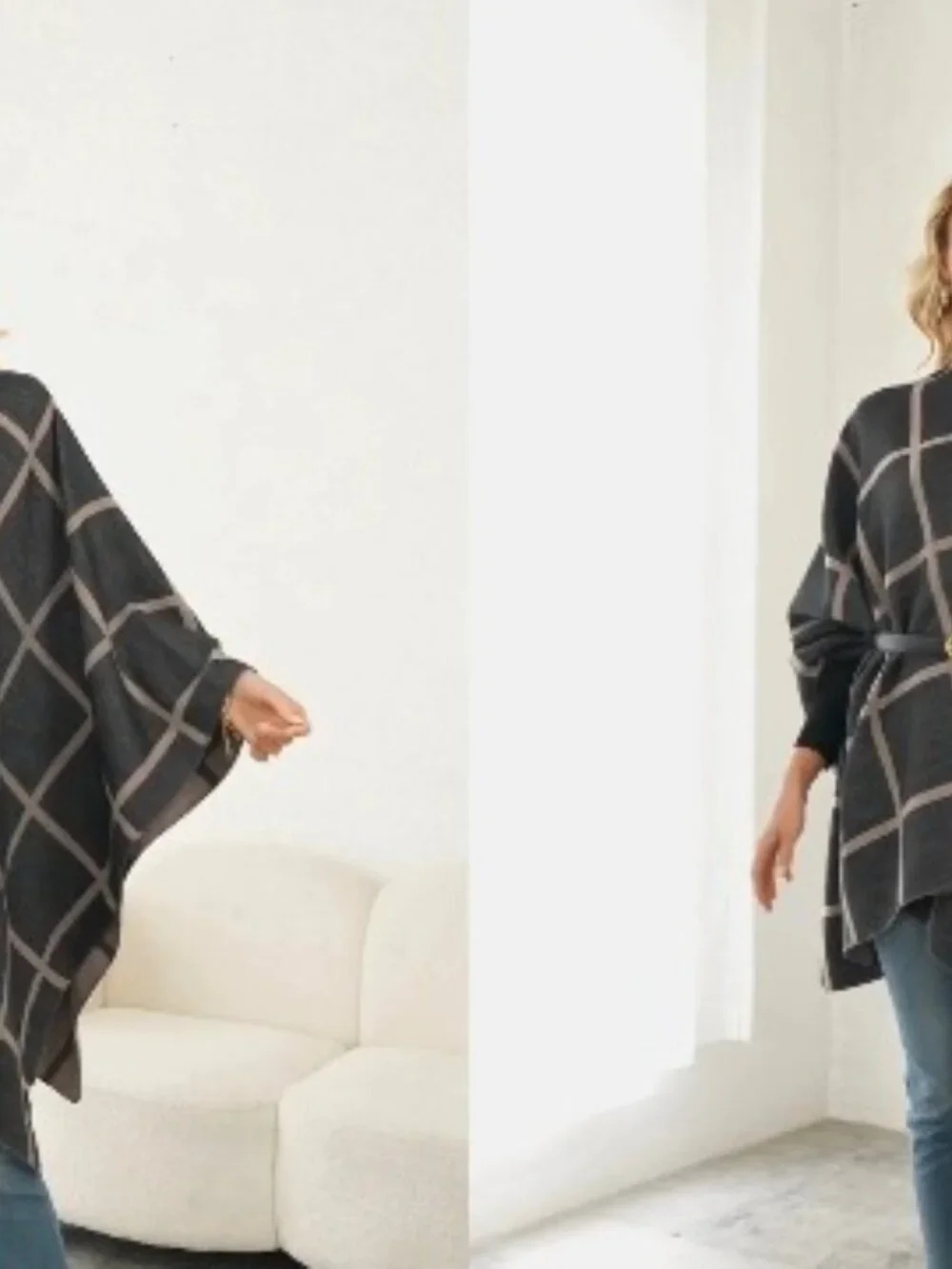 Plaid Blanket Scarf Wrap Shawl - Lightweight Open Front Poncho for Women - Fall